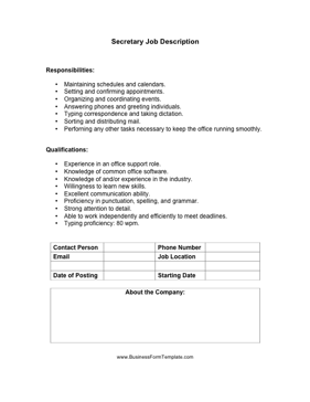 Secretary Job Description Business Form Template