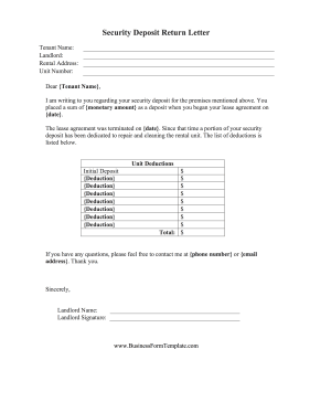 Security Deposit Return Letter Business Form Template