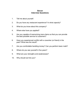 Server Interview Questions Business Form Template