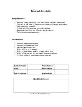Server Job Description Business Form Template