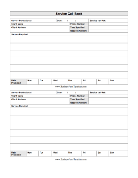 Service Call Book Business Form Template