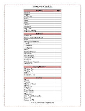 Sleepover Checklist Business Form Template