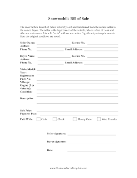 Snowmobile Bill Of Sale Business Form Template