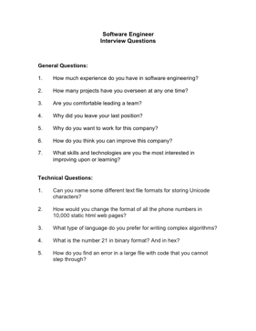 Software Engineer Interview Questions Business Form Template