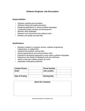 Software Engineer Job Description Business Form Template