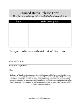 Stained Items Release Form Business Form Template