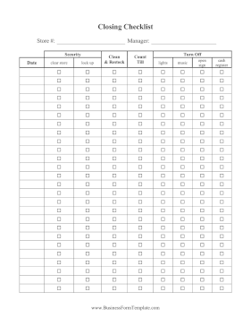 Store Closing Procedure Checklist Business Form Template