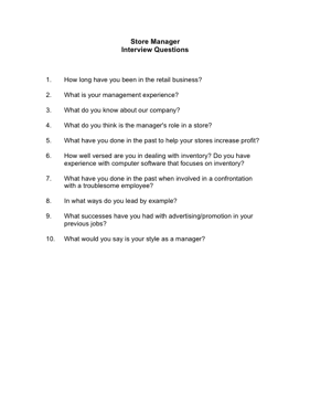 Store Manager Interview Questions Business Form Template