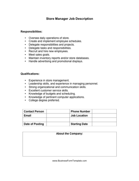 Store Manager Job Description Business Form Template