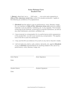 Student Film Actor Release Form Business Form Template
