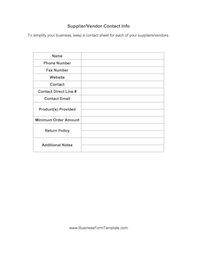 Supplier Contact Info Business Form Template