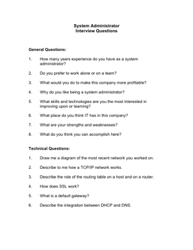 System Administrator Interview Questions Business Form Template