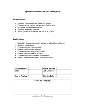 System Administrator Job Description Business Form Template