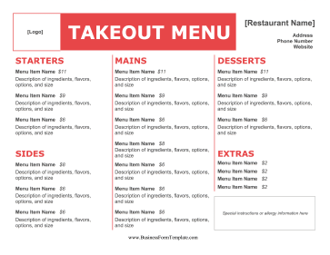 Takeout Menu Business Form Template