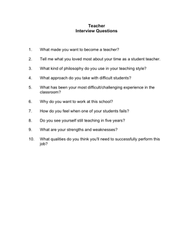 Teacher Interview Questions Business Form Template