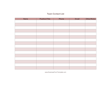 Team Contact List Business Form Template