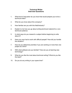 Technical Writer Interview Questions Business Form Template