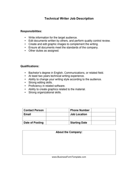 Technical Writer Job Description Business Form Template