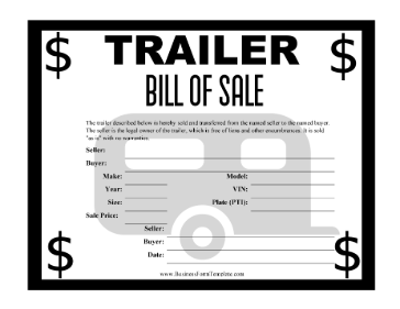 Trailer Bill Of Sale Certificate Business Form Template
