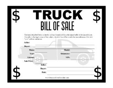 Truck Bill Of Sale Certificate Business Form Template