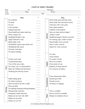 Used Car Mechanic Checklist Business Form Template