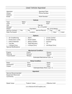 Used Vehicle Appraisal Business Form Template
