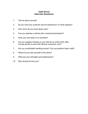 Valet Driver Interview Questions Business Form Template