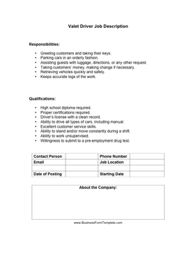 Valet Driver Job Description Business Form Template