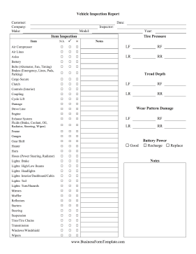 Vehicle Inspection Report Business Form Template