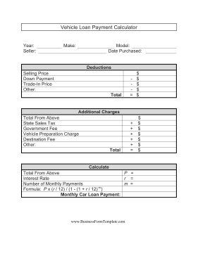 Vehicle Loan Payment Calculator Business Form Template