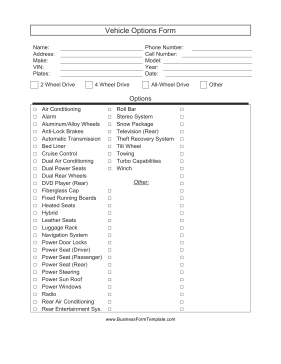 Vehicle Options Form Business Form Template