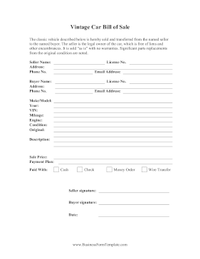 Vintage Car Bill Of Sale Business Form Template