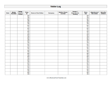 Visitor Log Business Form Template