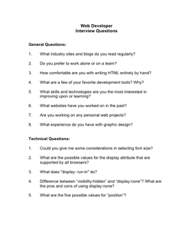 Web Developer Interview Questions Business Form Template