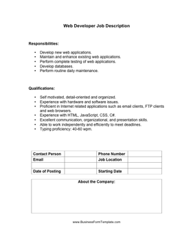 Web Developer Job Description Business Form Template