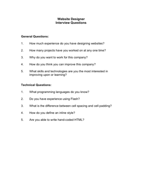 Website Designer Interview Questions Business Form Template