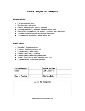 Website Designer Job Description Business Form Template