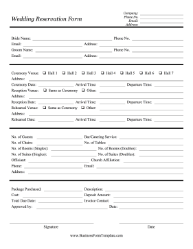 Wedding Reservation Form Business Form Template